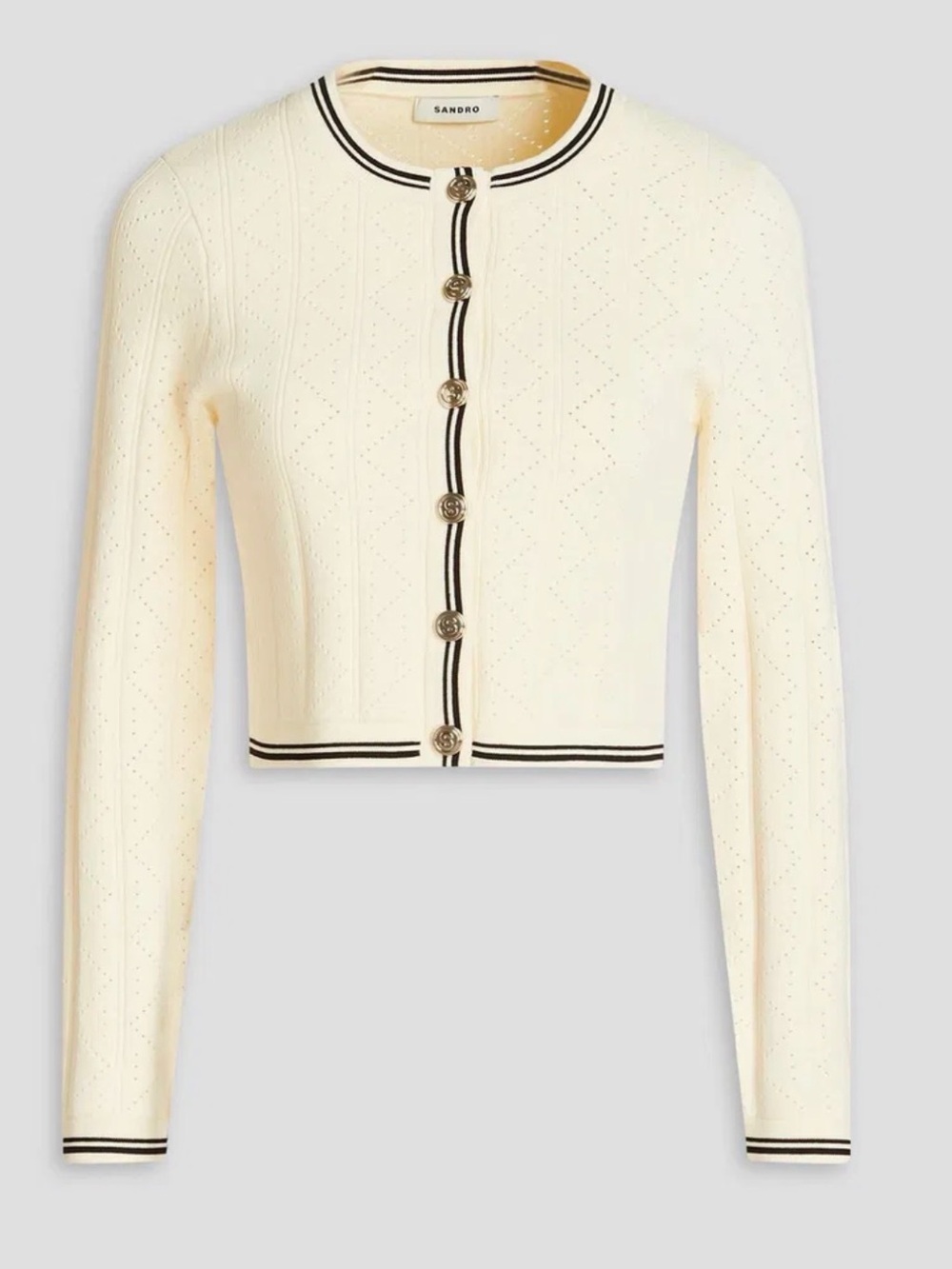 Sandro Cream Knit Cardigan with Black Stripe Trim and Logo Buttons